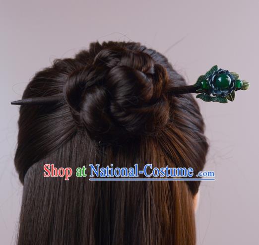 China Classical Cheongsam Green Bead Hairpin Traditional Hair Accessories Wood Hair Stick