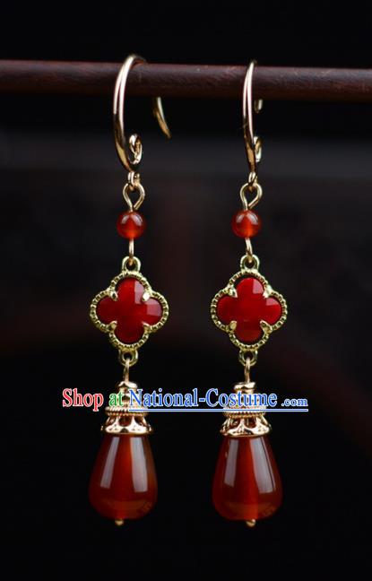 Chinese Classical Red Agate Earrings Traditional Jewelry Ornaments Handmade Clover Ear Accessories