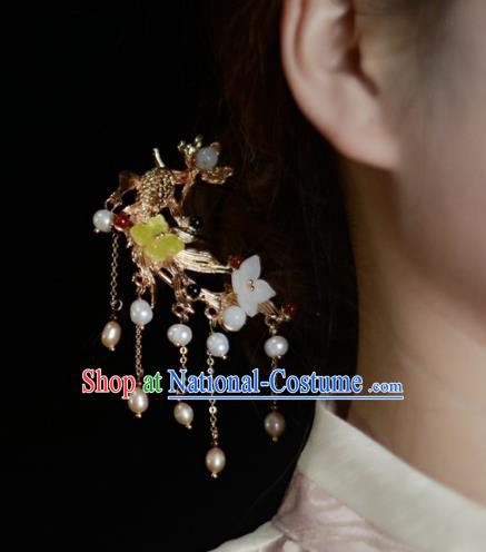 China Handmade Pearls Tassel Hairpin Traditional Hair Accessories Classical Cheongsam Golden Fish Lotus Hair Stick