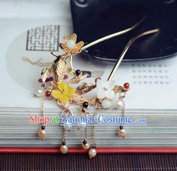 China Handmade Pearls Tassel Hairpin Traditional Hair Accessories Classical Cheongsam Golden Fish Lotus Hair Stick