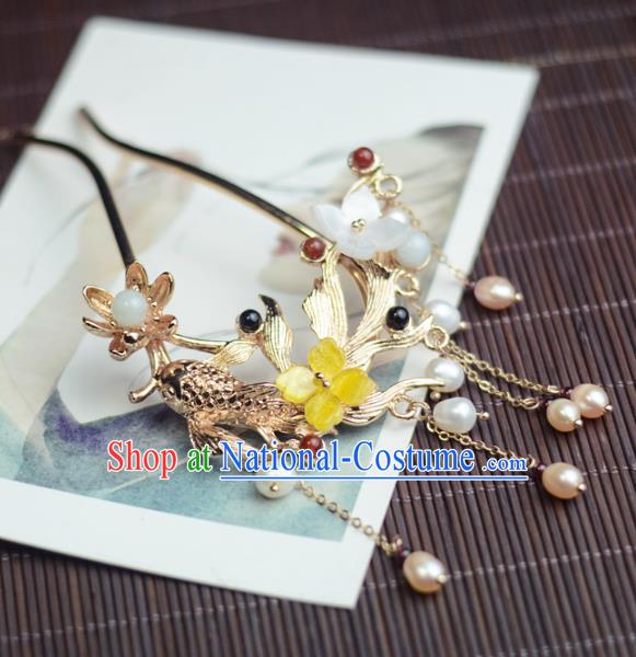 China Handmade Pearls Tassel Hairpin Traditional Hair Accessories Classical Cheongsam Golden Fish Lotus Hair Stick