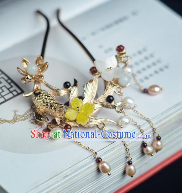 China Handmade Pearls Tassel Hairpin Traditional Hair Accessories Classical Cheongsam Golden Fish Lotus Hair Stick