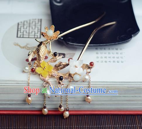 China Handmade Pearls Tassel Hairpin Traditional Hair Accessories Classical Cheongsam Golden Fish Lotus Hair Stick