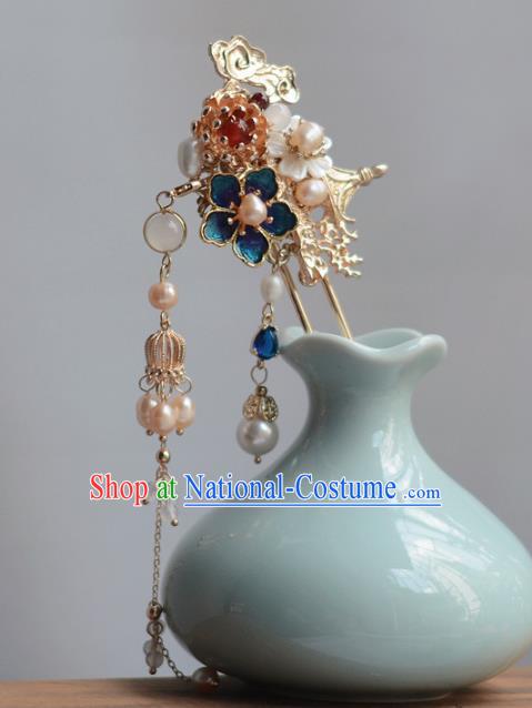 China Handmade Blueing Plum Hairpin Traditional Hair Accessories Classical Cheongsam Pearls Tassel Hair Stick