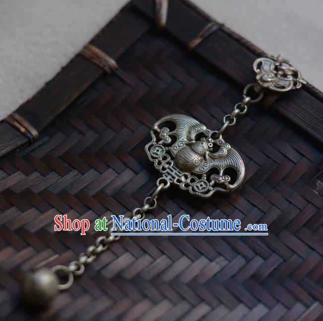 Chinese Traditional Carving Bat Collar Accessories Cheongsam Brooch Jewelry Handmade Silver Bell Breastpin Tassel Pendant