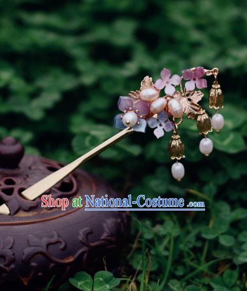 China Handmade Hydrangea Hairpin Traditional Hair Accessories Classical Cheongsam Pearls Hair Stick