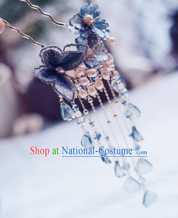 China Handmade Blue Lace Butterfly Hairpin Traditional Hair Accessories Classical Cheongsam Pearls Tassel Hair Stick