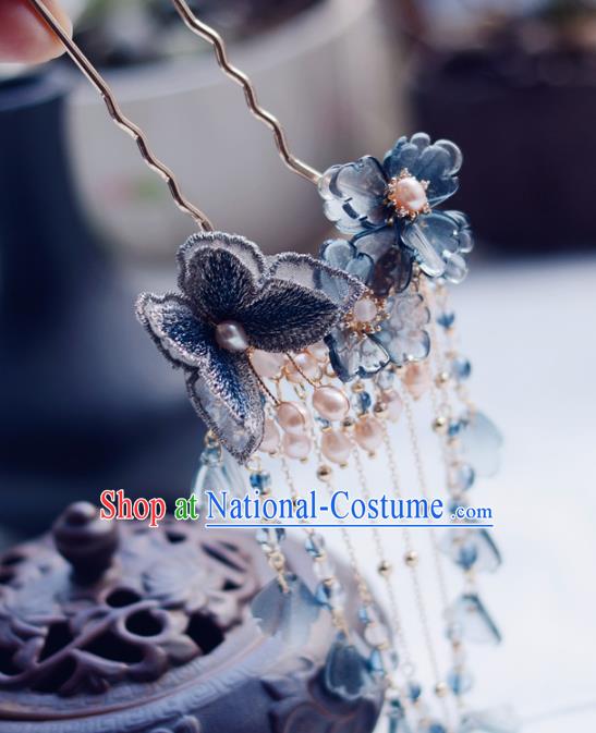 China Handmade Blue Lace Butterfly Hairpin Traditional Hair Accessories Classical Cheongsam Pearls Tassel Hair Stick