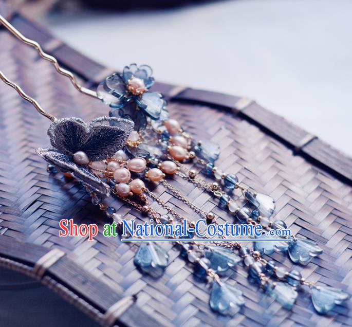 China Handmade Blue Lace Butterfly Hairpin Traditional Hair Accessories Classical Cheongsam Pearls Tassel Hair Stick