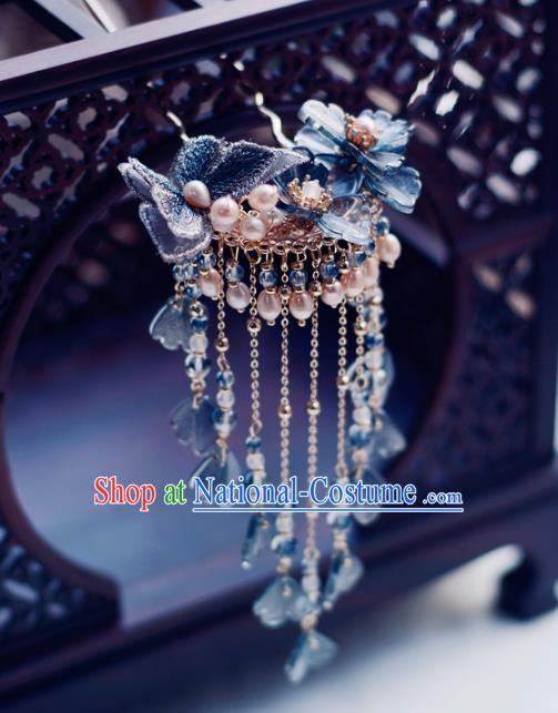 China Handmade Blue Lace Butterfly Hairpin Traditional Hair Accessories Classical Cheongsam Pearls Tassel Hair Stick