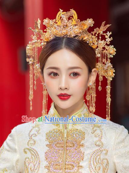 China Traditional Wedding Hair Accessories Handmade Xiuhe Suit Golden Phoenix Coronet Bride Tassel Hair Crown