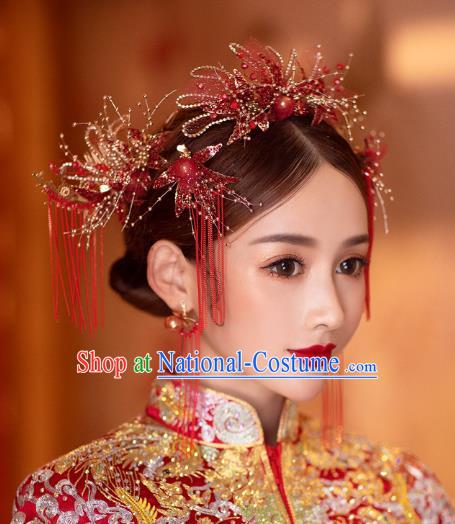 China Handmade Red Silk Hair Comb Traditional Wedding Xiuhe Suit Headwear Bride Hair Accessories Tassel Hairpins Complete Set