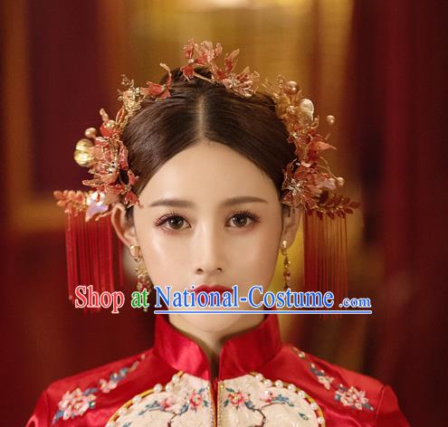 China Handmade Red Flower Hair Comb Tassel Hairpins Traditional Wedding Xiuhe Suit Headwear Bride Hair Accessories Complete Set