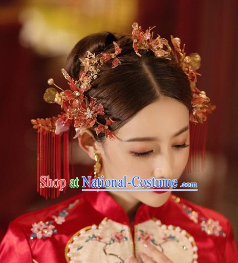 China Handmade Red Flower Hair Comb Tassel Hairpins Traditional Wedding Xiuhe Suit Headwear Bride Hair Accessories Complete Set