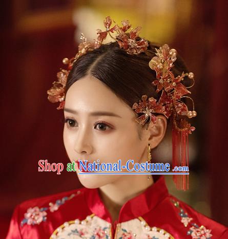 China Handmade Red Flower Hair Comb Tassel Hairpins Traditional Wedding Xiuhe Suit Headwear Bride Hair Accessories Complete Set