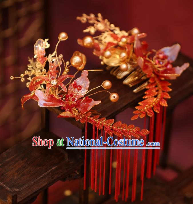 China Handmade Red Flower Hair Comb Tassel Hairpins Traditional Wedding Xiuhe Suit Headwear Bride Hair Accessories Complete Set