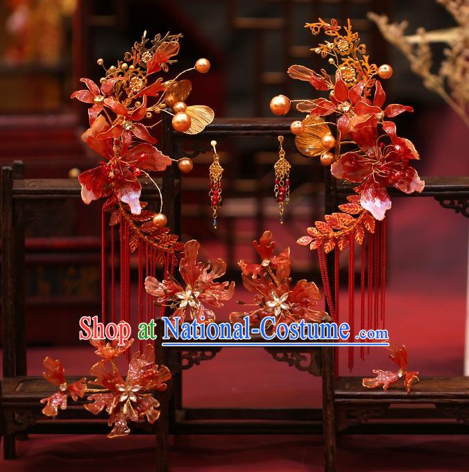 China Handmade Red Flower Hair Comb Tassel Hairpins Traditional Wedding Xiuhe Suit Headwear Bride Hair Accessories Complete Set