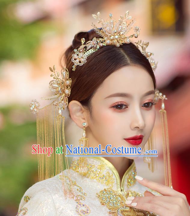 China Traditional Wedding Hairpins Headwear Handmade Xiuhe Suit Bride Hair Accessories Complete Set