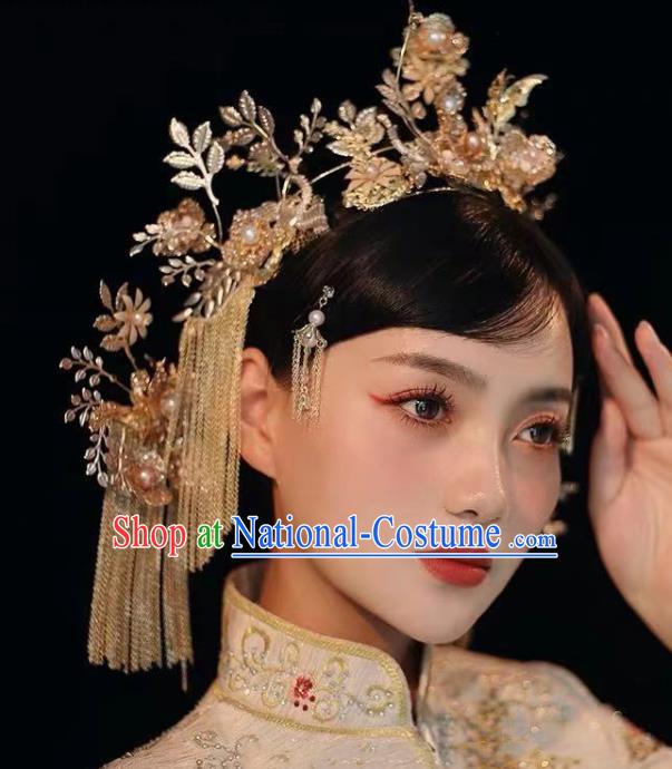 China Handmade Golden Hair Crown Tassel Hairpins Traditional Wedding Bride Xiuhe Suit Headwear Complete Set