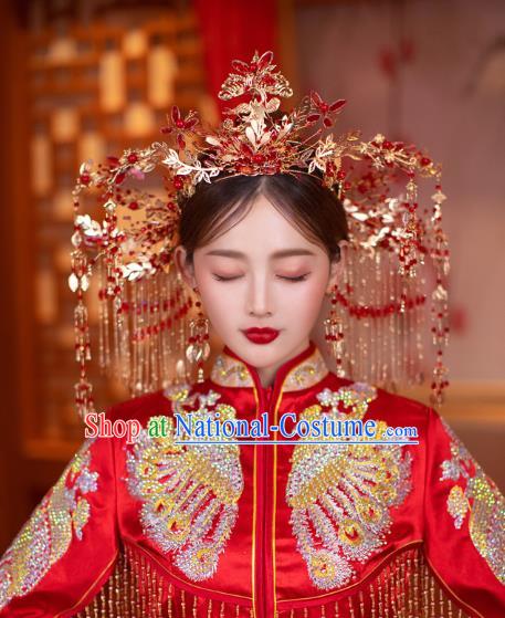 China Bride Tassel Hair Crown Traditional Wedding Hair Accessories Handmade Xiuhe Suit Deluxe Phoenix Coronet