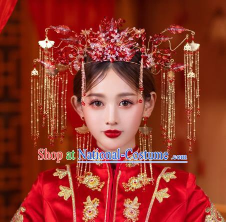 China Bride Red Beads Hair Crown Traditional Handmade Xiuhe Suit Deluxe Phoenix Coronet Wedding Hair Accessories