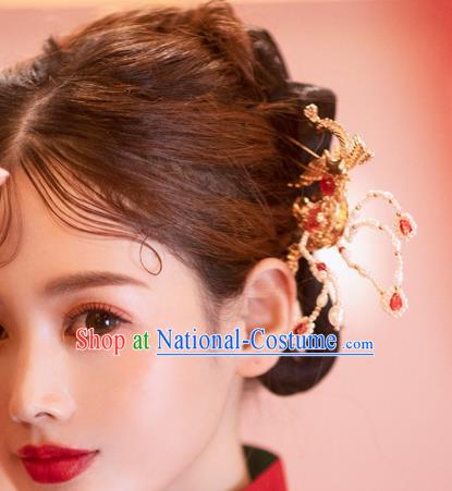 China Handmade Golden Phoenix Hair Stick Pearls Hairpins Traditional Wedding Bride Xiuhe Suit Hair Accessories