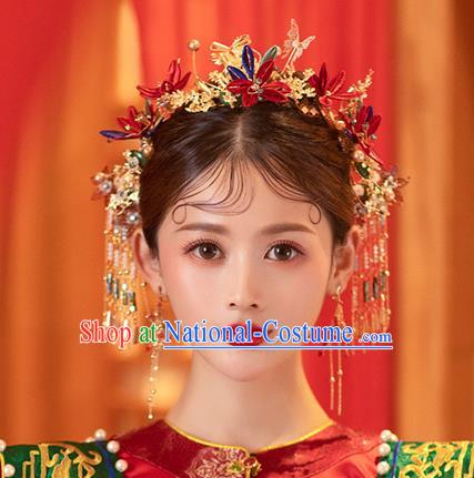 China Traditional Wedding Bride Xiuhe Suit Hair Accessories Handmade Hair Stick Tassel Hairpins Full Set