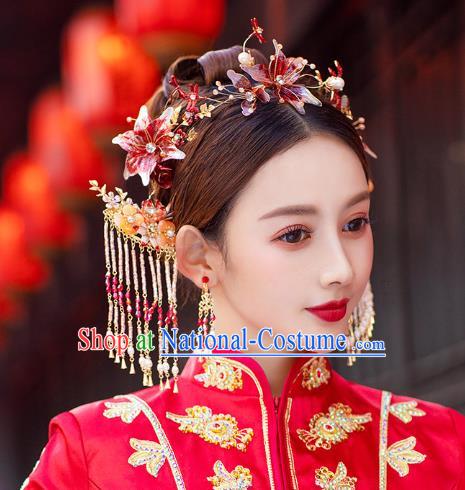 China Traditional Red Flower Hair Comb and Tassel Hairpins Wedding Bride Hair Jewelry Handmade Xiuhe Suit Hair Accessories Full Set