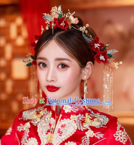 China Wedding Bride Hair Jewelry Handmade Xiuhe Suit Hair Accessories Traditional Red Velvet Flower Hair Comb and Tassel Hairpins Full Set