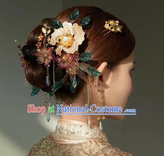 China Handmade Xiuhe Suit Hair Accessories Wedding Bride Hair Jewelry Traditional Flower Hairpins Hair Sticks Full Set