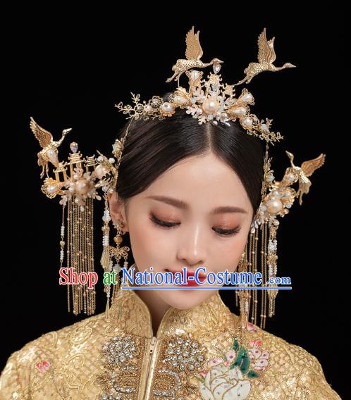 China Traditional Handmade Phoenix Coronet Xiuhe Suit Hair Accessories Wedding Bride Hair Jewelry Golden Crane Hair Crown Hairpins Full Set