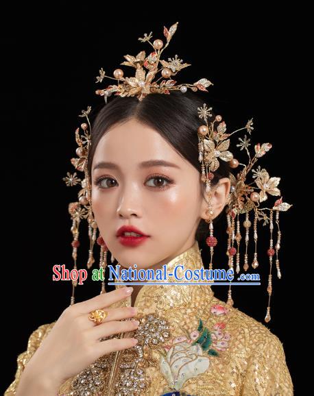 China Traditional Xiuhe Suit Hair Accessories Wedding Bride Hair Jewelry Handmade Golden Hair Comb Hairpins Full Set