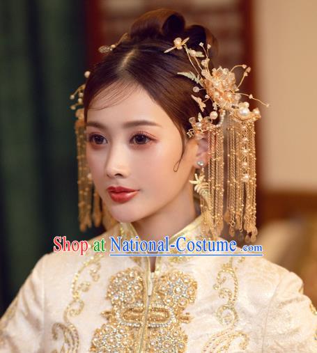 China Traditional Wedding Hair Accessories Bride Golden Hairpins Tassel Hair Sticks Full Set