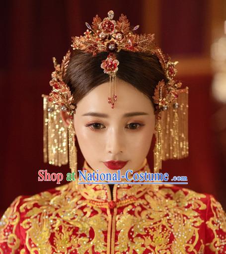 China Bride Hair Crown and Hairpins Tassel Hair Sticks Traditional Wedding Hair Accessories