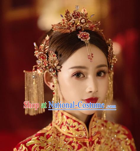 China Bride Hair Crown and Hairpins Tassel Hair Sticks Traditional Wedding Hair Accessories