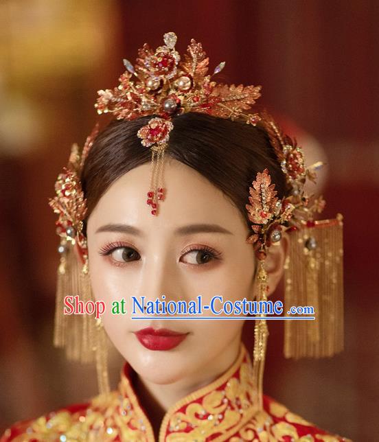 China Bride Hair Crown and Hairpins Tassel Hair Sticks Traditional Wedding Hair Accessories