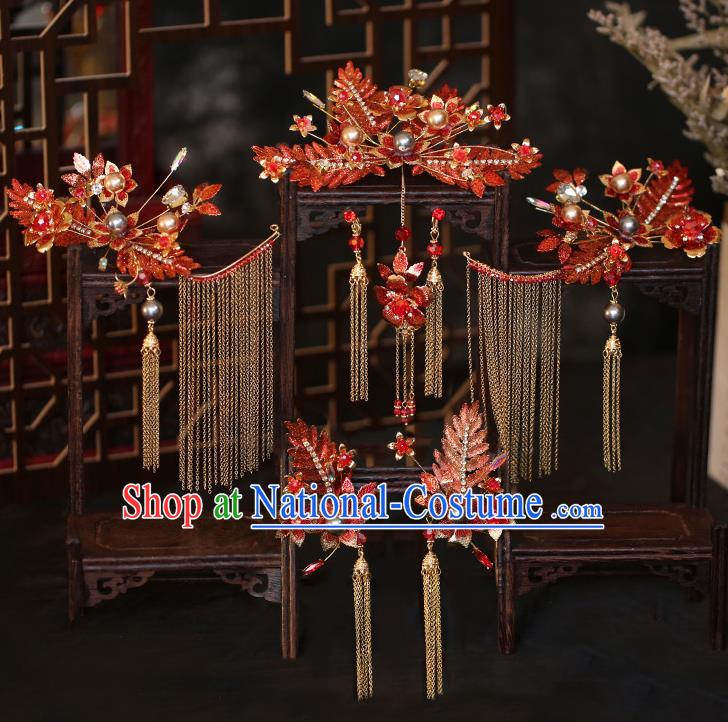 China Bride Hair Crown and Hairpins Tassel Hair Sticks Traditional Wedding Hair Accessories