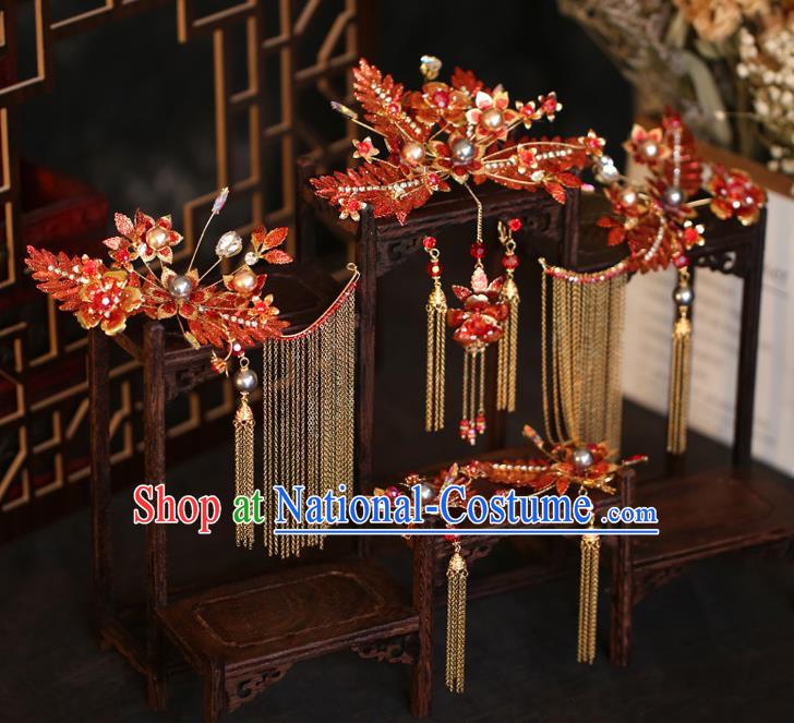 China Bride Hair Crown and Hairpins Tassel Hair Sticks Traditional Wedding Hair Accessories