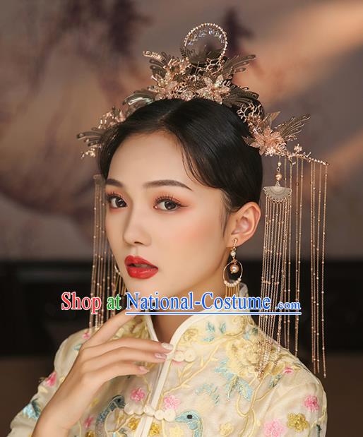 China Traditional Wedding Hair Accessories Bride Golden Hair Crown and Tassel Hairpins Full Set