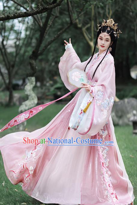 China Jin Dynasty Palace Beauty Costume Ancient Princess Historical Clothing Traditional Embroidered Pink Hanfu Dress