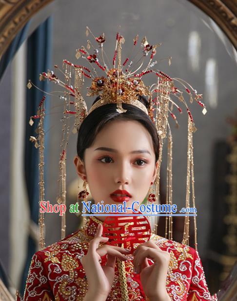 China Traditional Xiuhe Suit Hair Accessories Handmade Bride Headwear Wedding Deluxe Tassel Phoenix Coronet