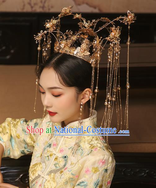 China Ancient Bride Deluxe Golden Tassel Phoenix Coronet Traditional Wedding Xiuhe Suit Hair Accessories