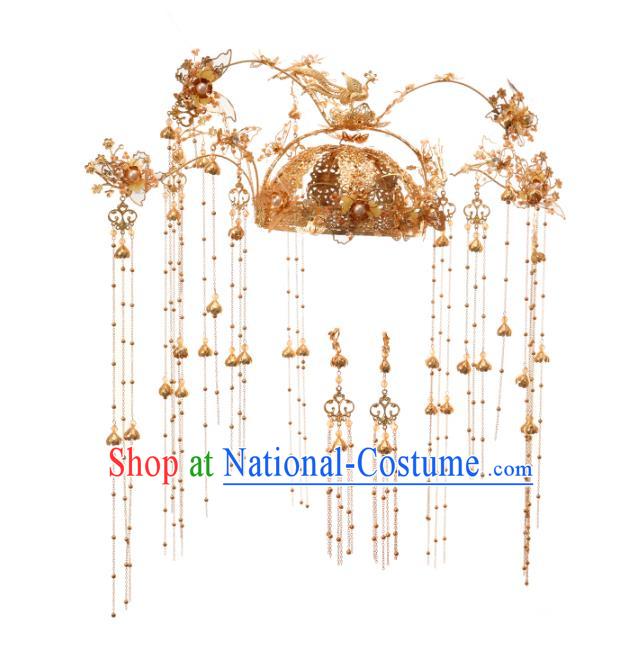 China Ancient Bride Deluxe Golden Tassel Phoenix Coronet Traditional Wedding Xiuhe Suit Hair Accessories