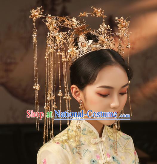 China Ancient Bride Deluxe Golden Tassel Phoenix Coronet Traditional Wedding Xiuhe Suit Hair Accessories