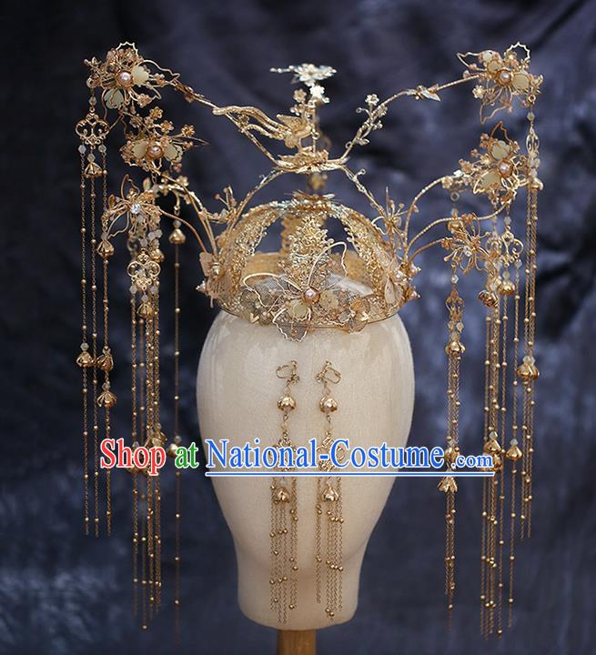 China Ancient Bride Deluxe Golden Tassel Phoenix Coronet Traditional Wedding Xiuhe Suit Hair Accessories