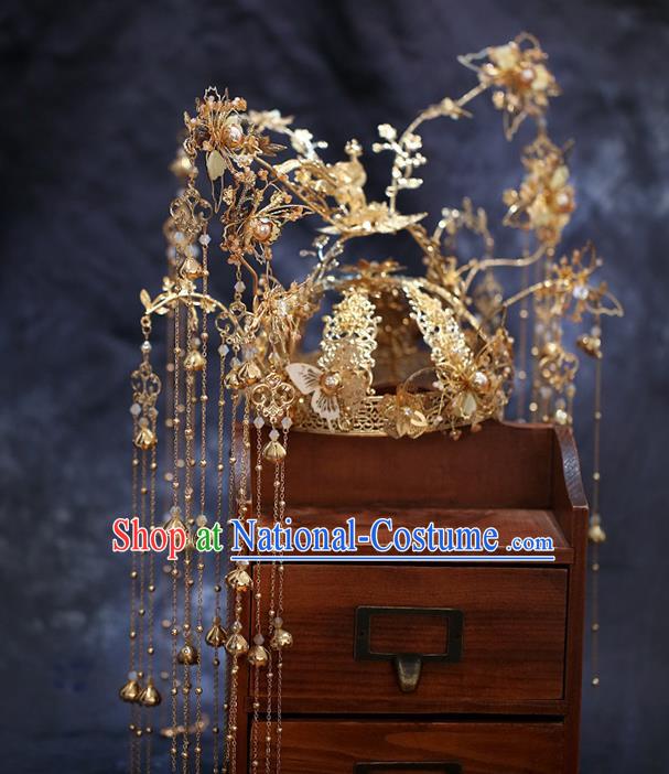 China Ancient Bride Deluxe Golden Tassel Phoenix Coronet Traditional Wedding Xiuhe Suit Hair Accessories