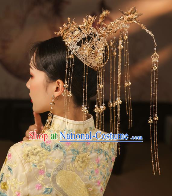 China Ancient Bride Deluxe Golden Tassel Phoenix Coronet Traditional Wedding Xiuhe Suit Hair Accessories