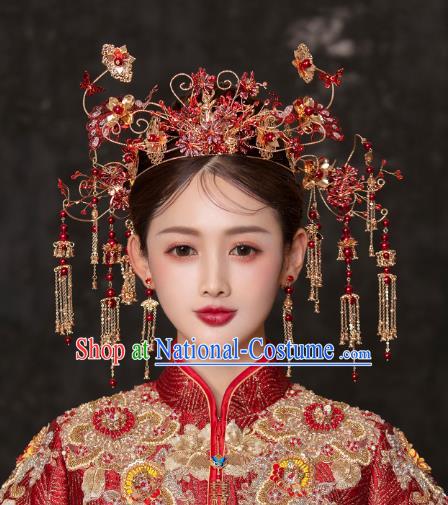 China Traditional Wedding Hair Accessories Bride Red Peacock Phoenix Coronet and Tassel Hairpins Full Set