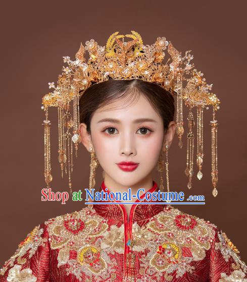 China Bride Golden Phoenix Coronet and Tassel Hairpins Traditional Wedding Hair Accessories Full Set