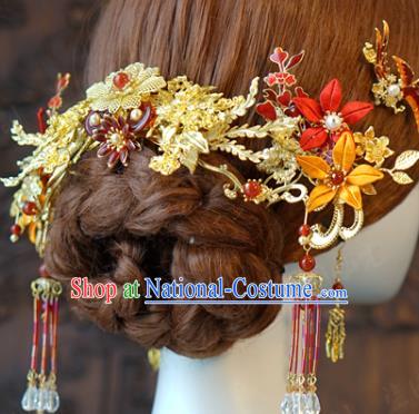 China Bride Golden Hair Comb and Tassel Hairpins Earrings Traditional Wedding Hair Accessories